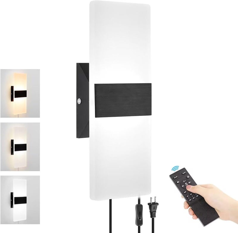 GOODATE Plug in Wall Sconce with Stepless Adjustable 3000K-6500K Colors and 10%-100% Brightness, 12W Acrylic LED Wall Light with Remote, Hardwire or Plug-in (1 Pack, Black) - Image 1
